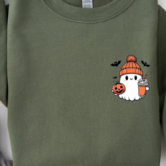 Little Ghost Ice Coffee Sweatshirt, Halloween Ghost Shirt Coffee Sweatshirt - Picture 2 of 5